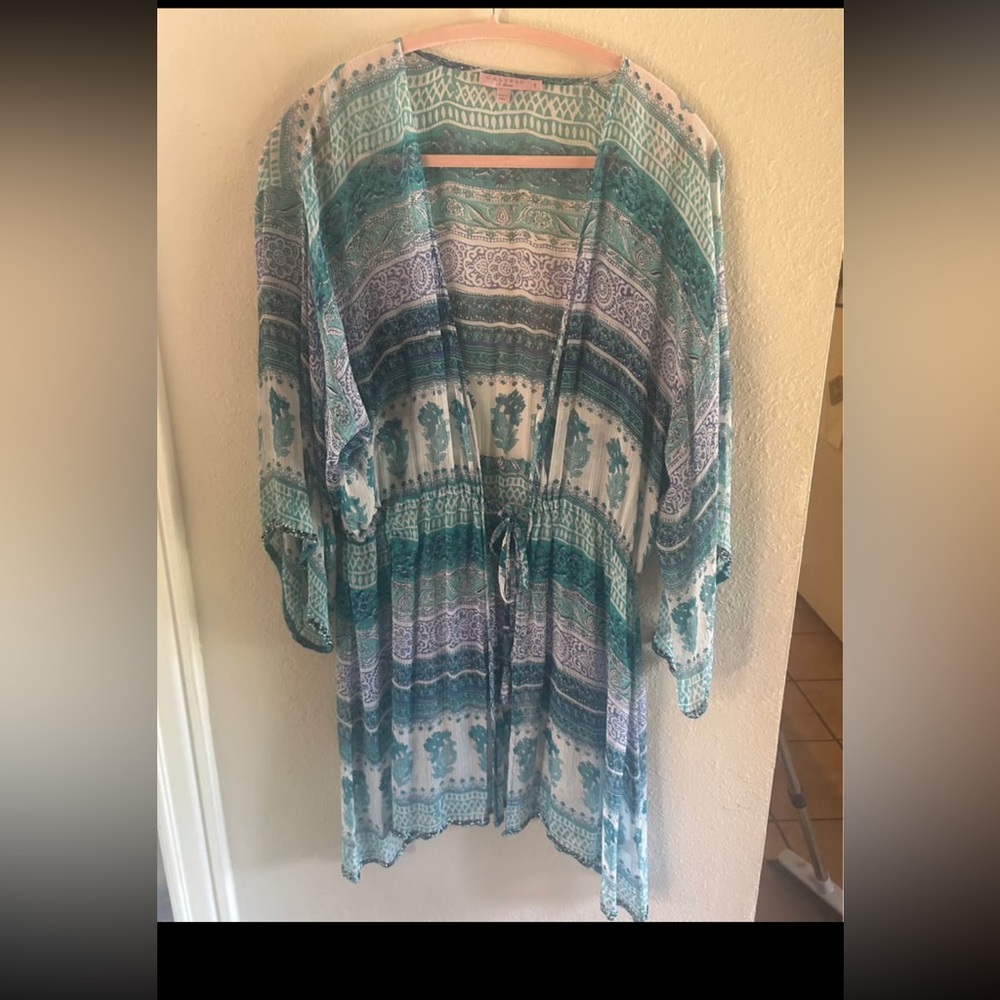 Calypso St. Barth 100% silk beaded swimsuit cover up with tie
